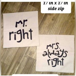 New without tags -Mr. & Mrs. Right Accent Pillowcases w/zip sides. Canvas/Hemp